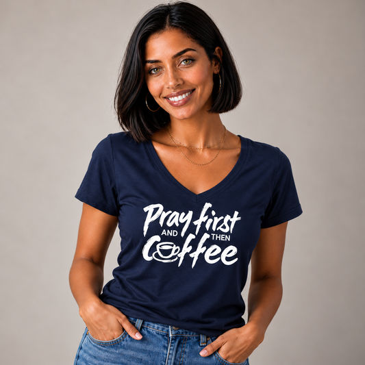 Pray First And Then Coffee V-Neck T-Shirt