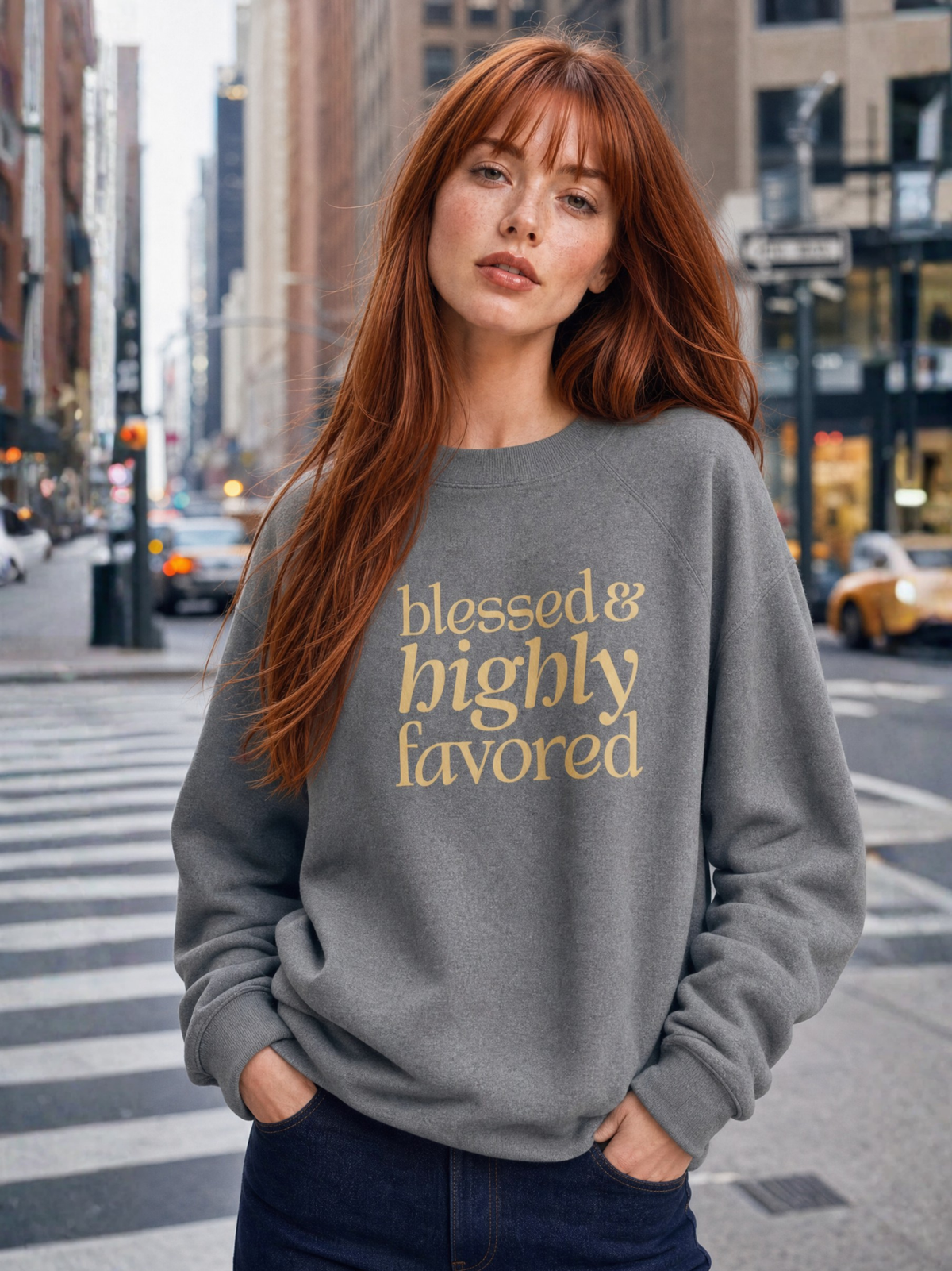 Blessed & Highly Favored - Unisex Sponge Fleece Raglan Sweatshirt (Dark/Gold)