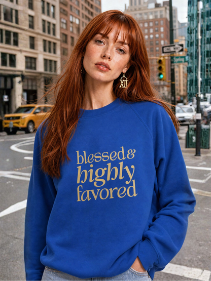 Blessed & Highly Favored Unisex Christian Sweatshirt (Blue/Gold)