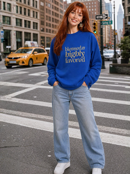 Blessed & Highly Favored Unisex Christian Sweatshirt (Blue/Gold)