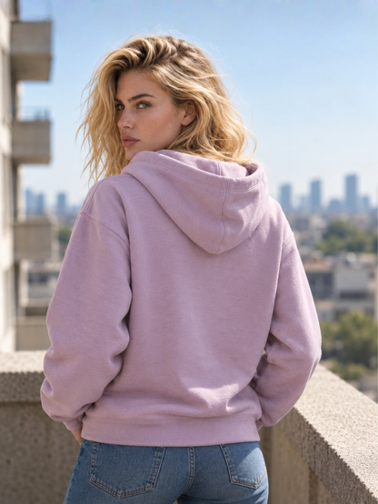 Woman wearing lilac hoodie from the back, minimalist Christian apparel for women