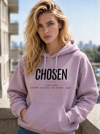 Close-up of lilac CHOSEN Christian hoodie showing Known Called Set Apart Sent design