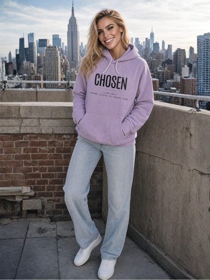 Woman wearing lilac CHOSEN Christian hoodie with Known Called Set Apart Sent design
