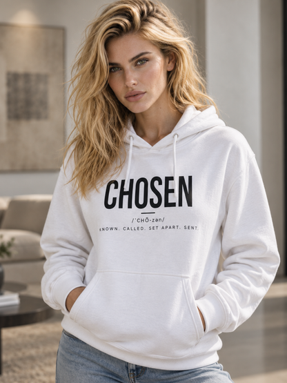 Close-up of CHOSEN Christian hoodie showing Known Called Set Apart Sent design