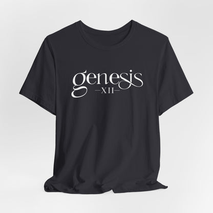 Dark Grey Christian t-shirt with 'Genesis XII' printed on a white background