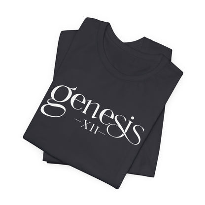 Dark gray t-shirt with 'Genesis XII' text folded on a white background