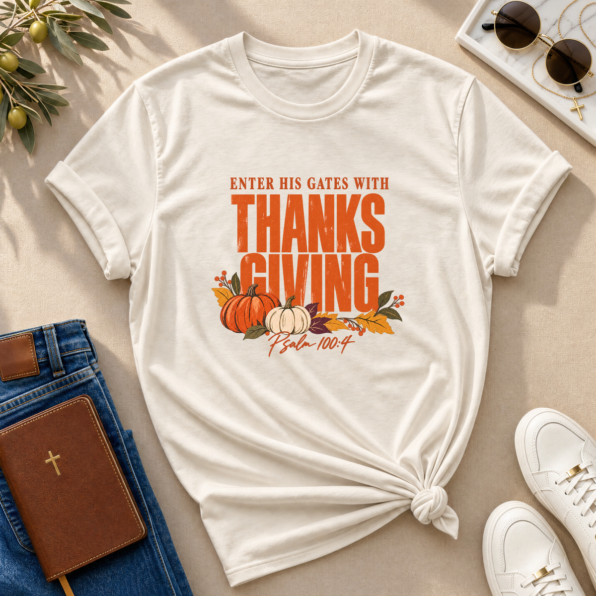Enter His Gates With Thanksgiving Orange Graphic T-Shirt