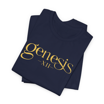 A folded navy blue t-shirt with 'Genesis XII' printed in a gold serif font on the front, displayed on a clean white background.