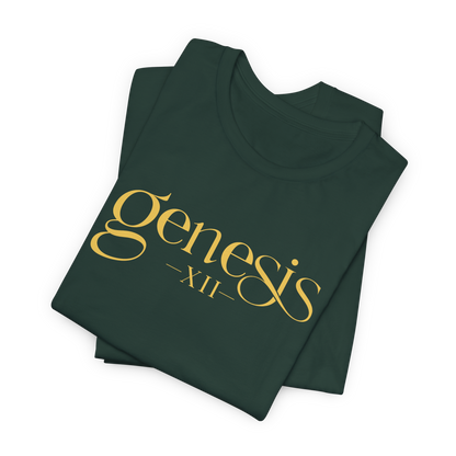 A folded Forest Green t-shirt with 'Genesis XII' printed in a gold serif font, displayed on a clean white background.