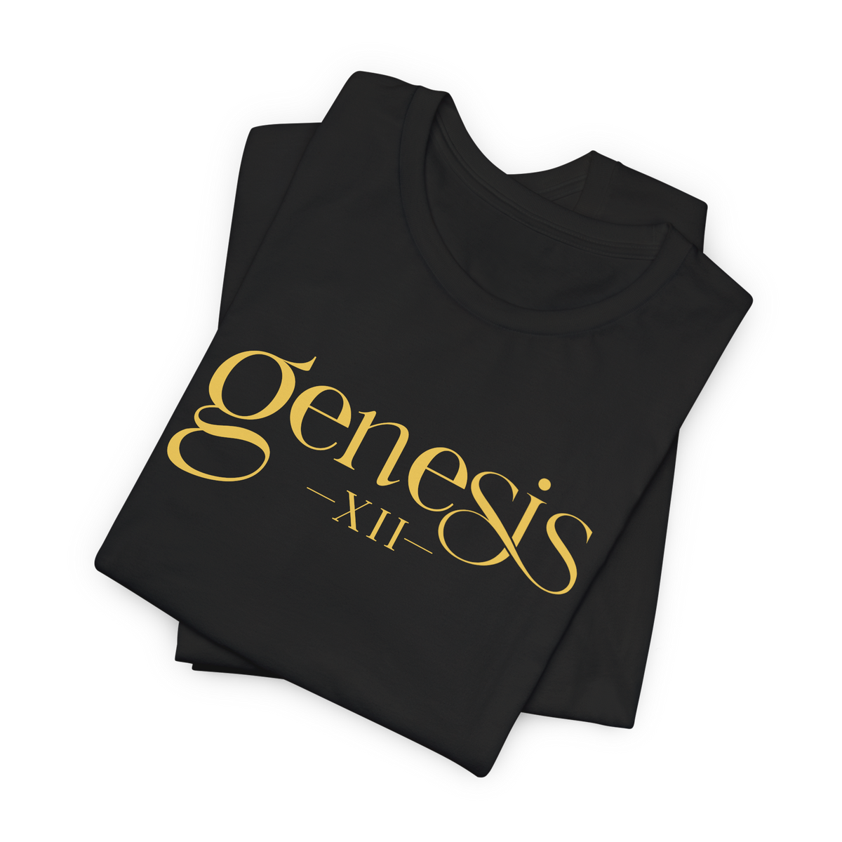 A folded black t-shirt with 'Genesis XII' printed in a gold serif font on the front, displayed on a clean white background.