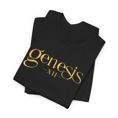 A folded black t-shirt with 'Genesis XII' printed in a gold serif font on the front, displayed on a clean white background.