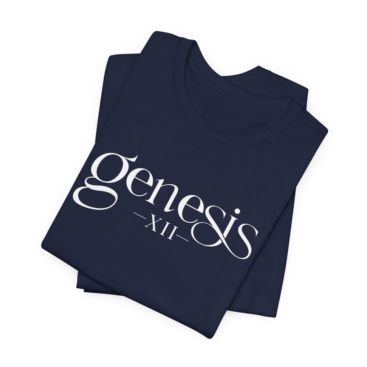 Folded Navy Blue t-shirt with 'Genesis XII' text on a white background