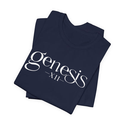 Folded Navy Blue t-shirt with 'Genesis XII' text on a white background