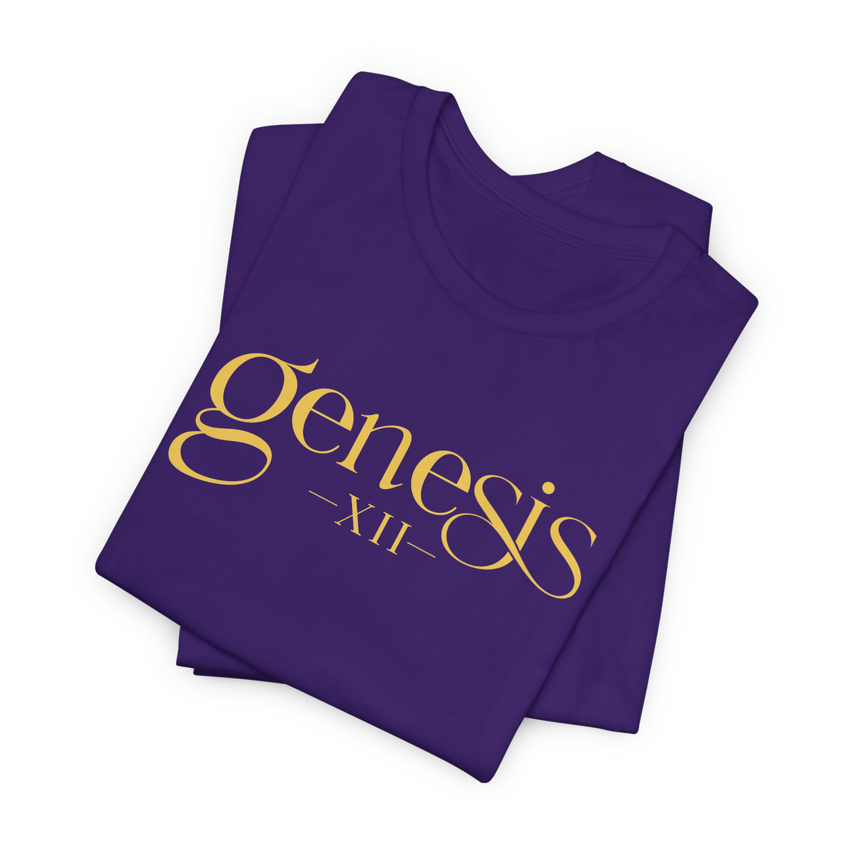 A folded purple t-shirt with 'Genesis XII' printed in a gold serif font on the front, displayed on a clean white background.