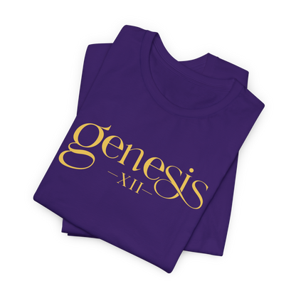 A folded purple t-shirt with 'Genesis XII' printed in a gold serif font on the front, displayed on a clean white background.
