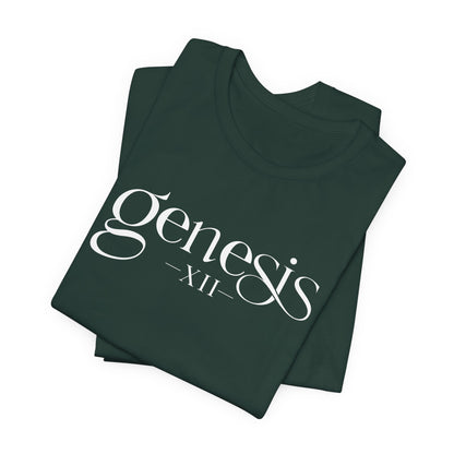 Forest Green t-shirt with 'Genesis XII' text on a white background