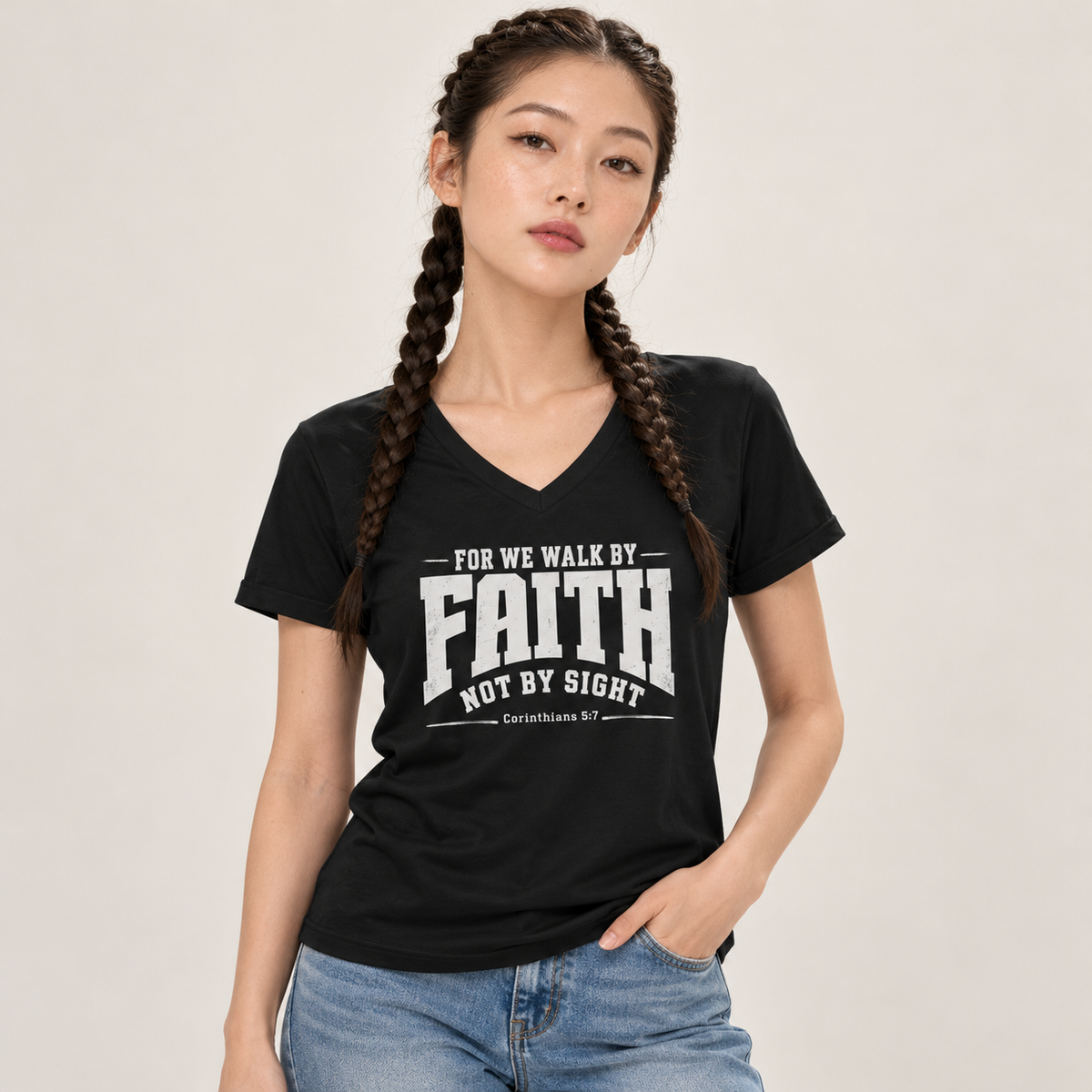 For we walk by faith, not by sight V-Neck T-Shirt