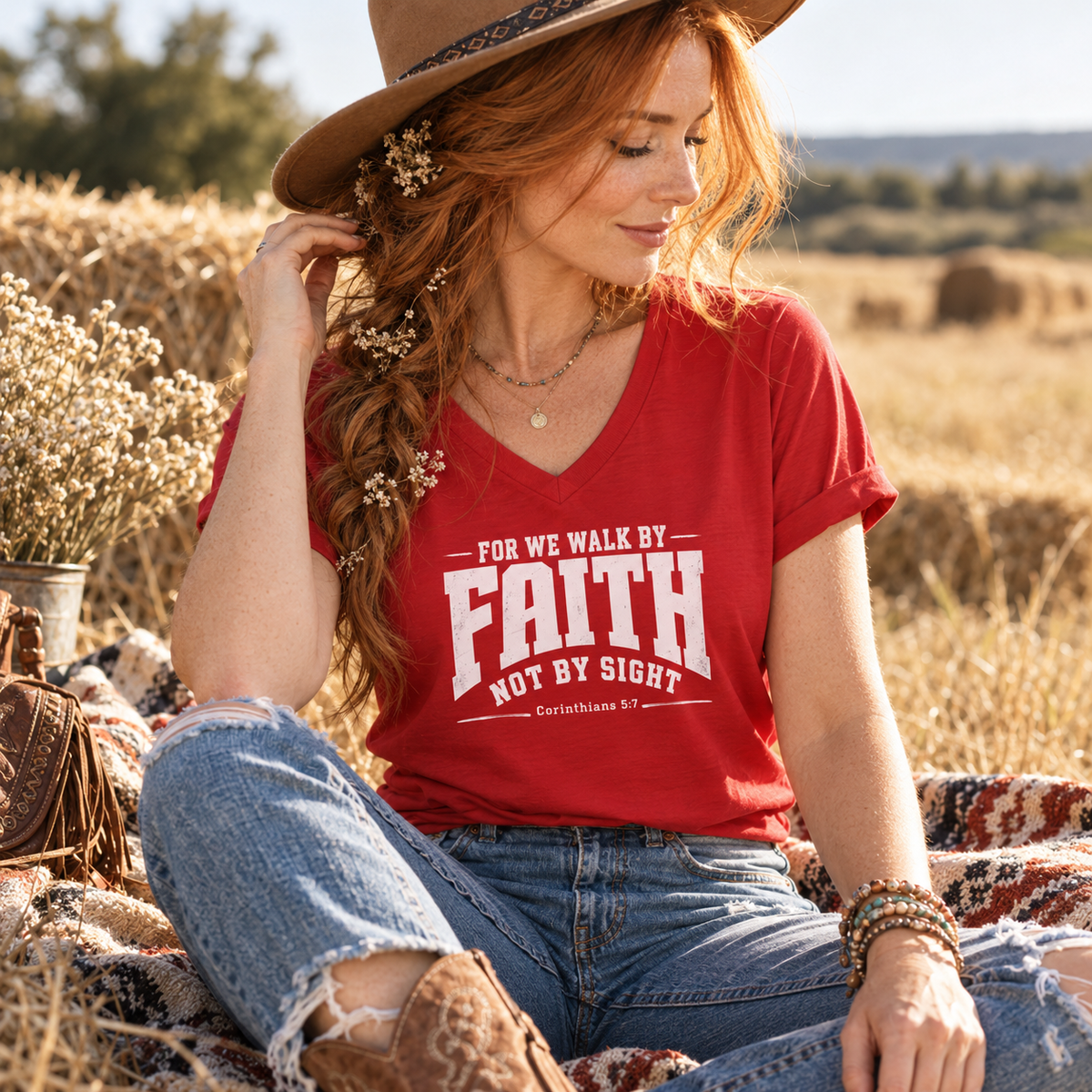For we walk by faith, not by sight V-Neck T-Shirt