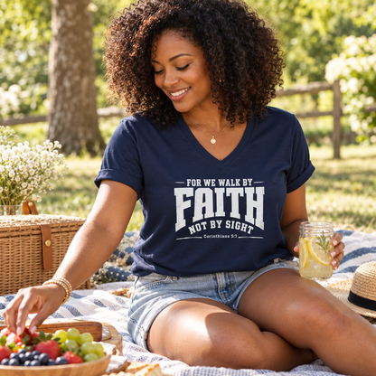 For we walk by faith, not by sight V-Neck T-Shirt