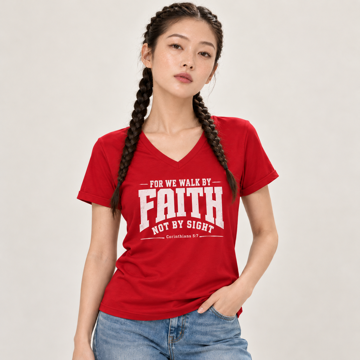 For we walk by faith, not by sight V-Neck T-Shirt