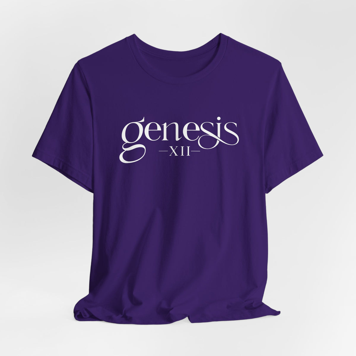 Purple t-shirt with white text on a light gray background