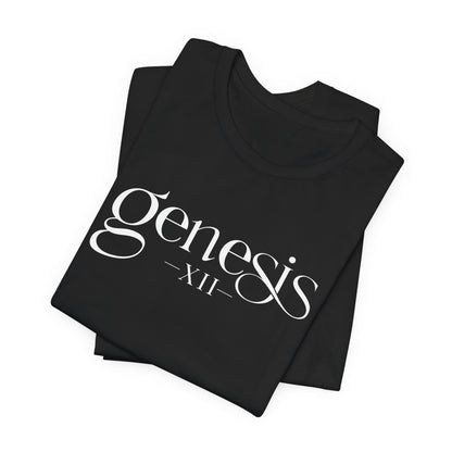Black t-shirt with white 'Genesis XII' text on a white background