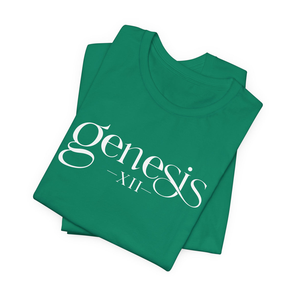 Stack of kelly green Genesis XII Christian T-Shirt folded on a white background