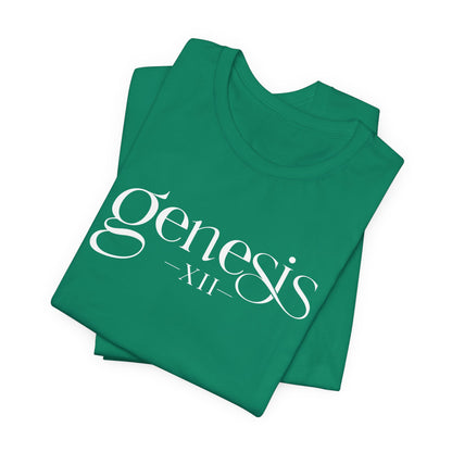 Stack of kelly green Genesis XII Christian T-Shirt folded on a white background
