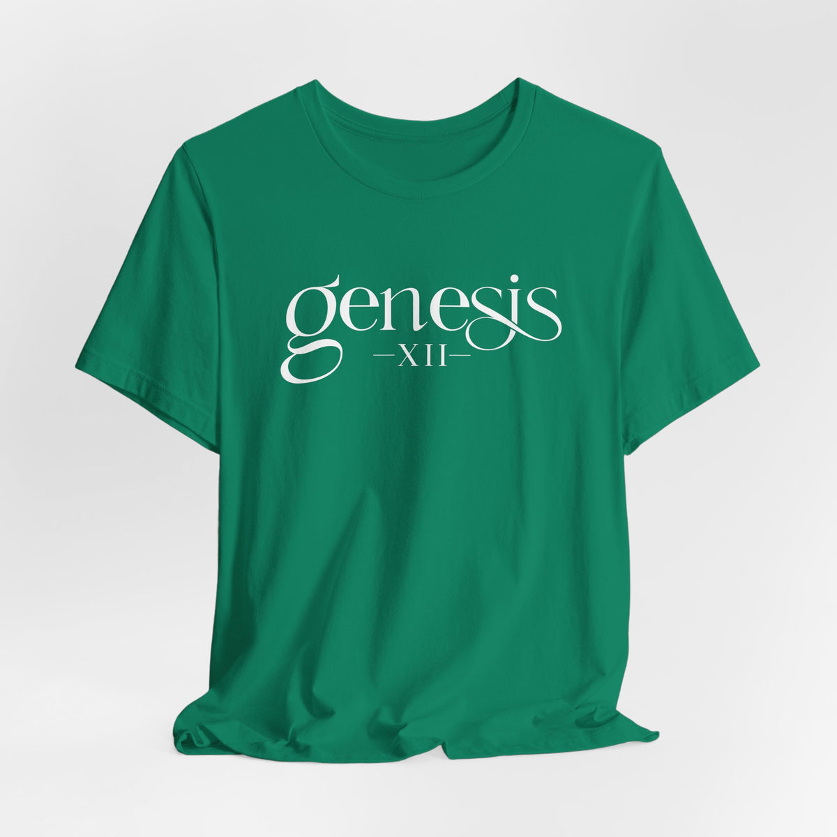Green t-shirt with 'Genesis XII' text on a light gray background