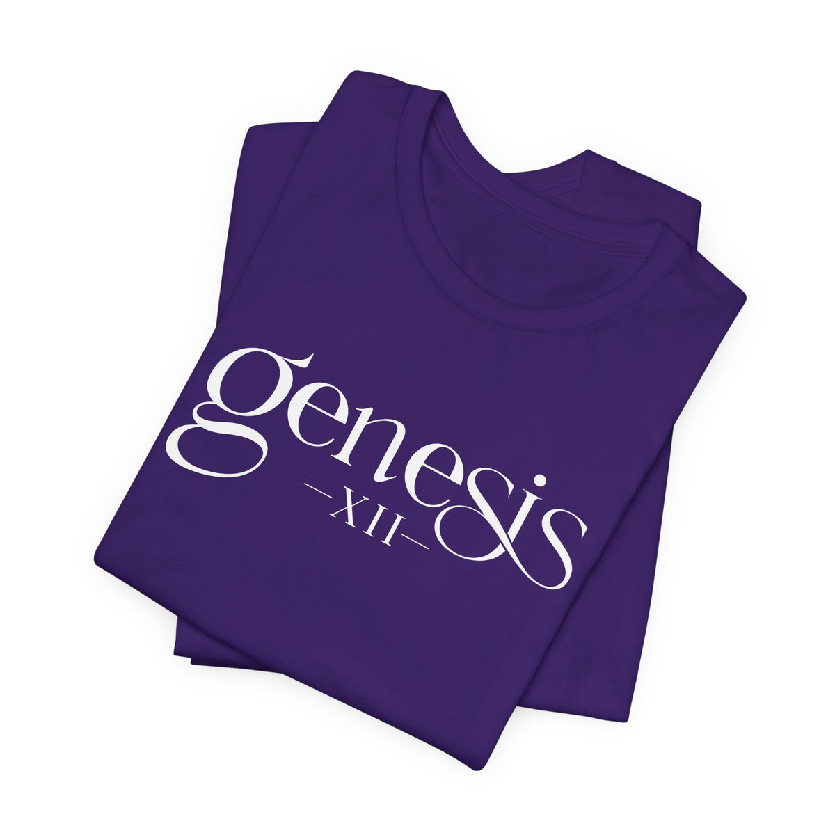 A folded purple t-shirt with 'genesis XII' printed in white script across the front, displayed on a clean white background.