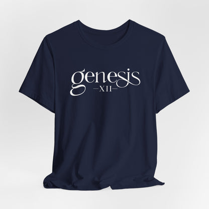 Navy blue Christian t-shirt with 'Genesis XII' text on a white background