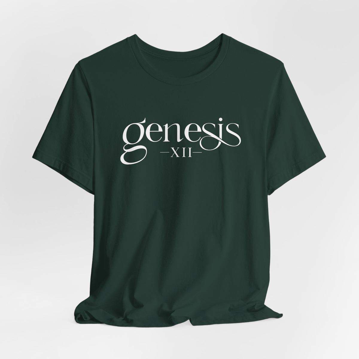 Forest Green t-shirt with 'Genesis XII' printed text on a white background