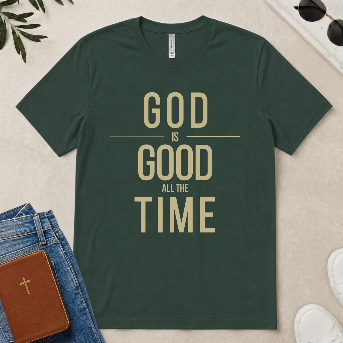 God Is Good All The Time Christian T-Shirt (with Gold Text)