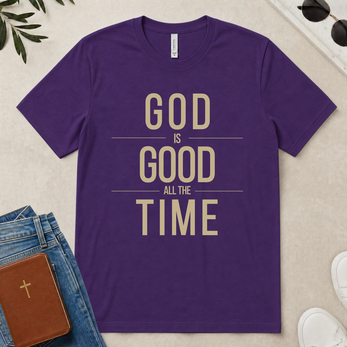 God Is Good All The Time Christian T-Shirt (with Gold Text)
