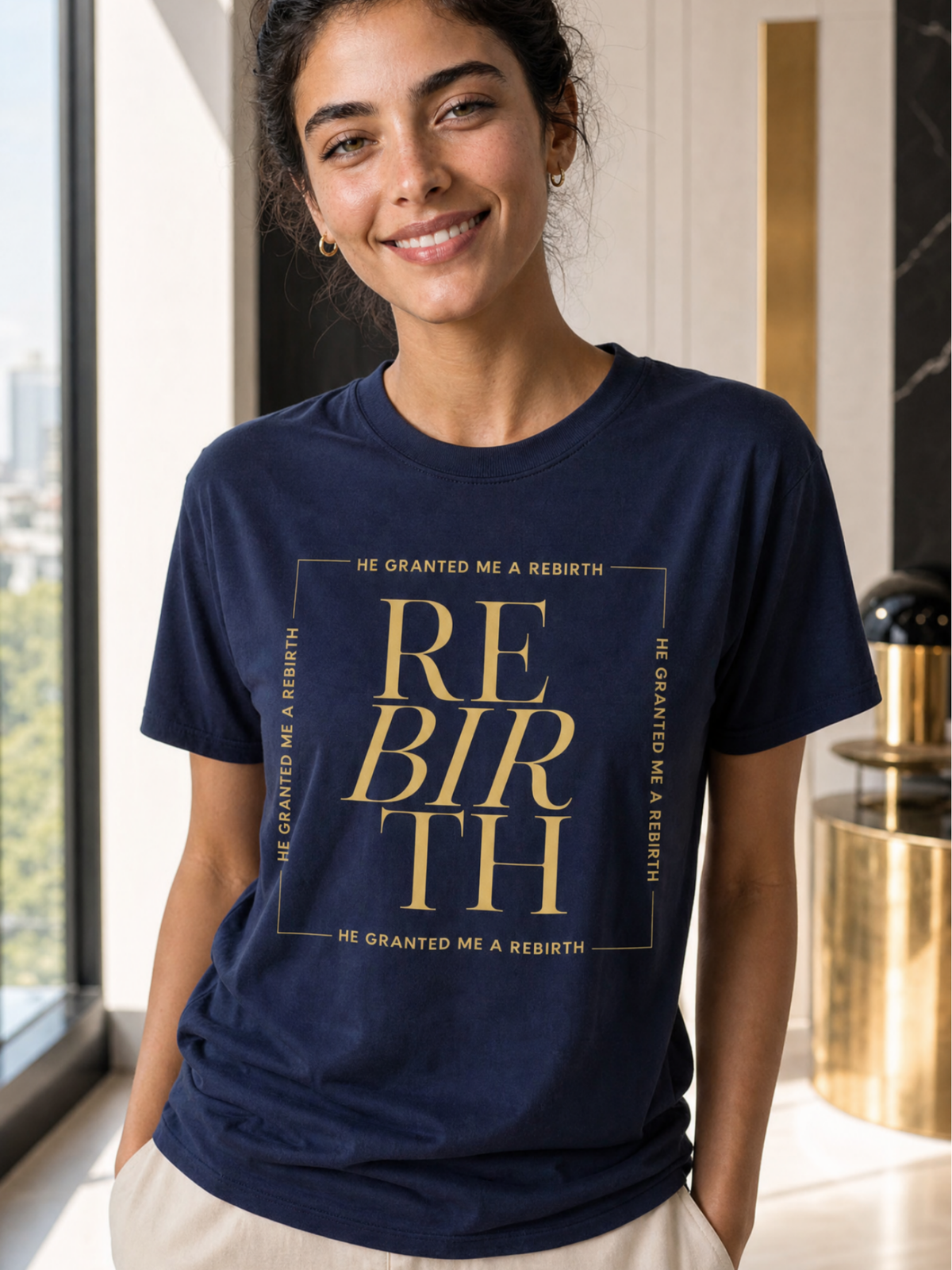 He Granted Me A Rebirth Unisex T-Shirt (Dark + Gold Text)