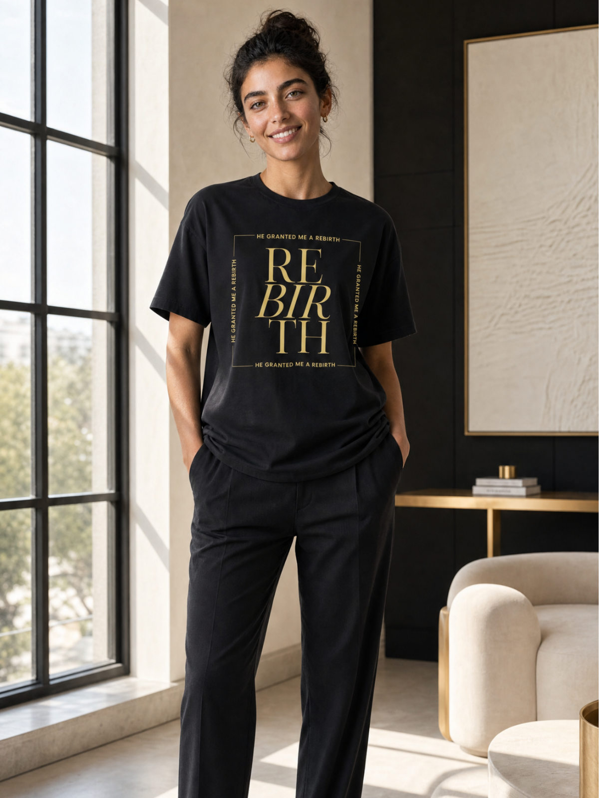 He Granted Me A Rebirth Unisex T-Shirt (Dark + Gold Text)