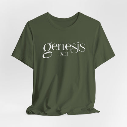 Military Green t-shirt with a graphic design of Genesis XII text on a white background.