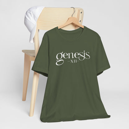 Military Green t-shirt with 'Genesis XII' design on a wooden chair against a white background