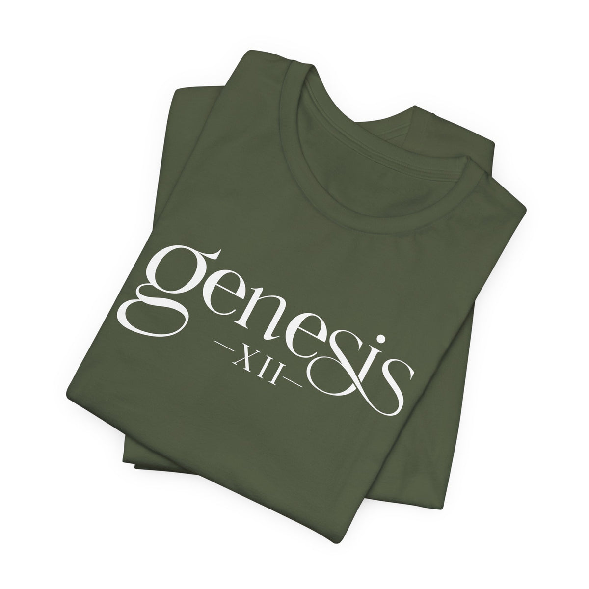 Folded Military Green t-shirt with 'Genesis XII' text on a white background