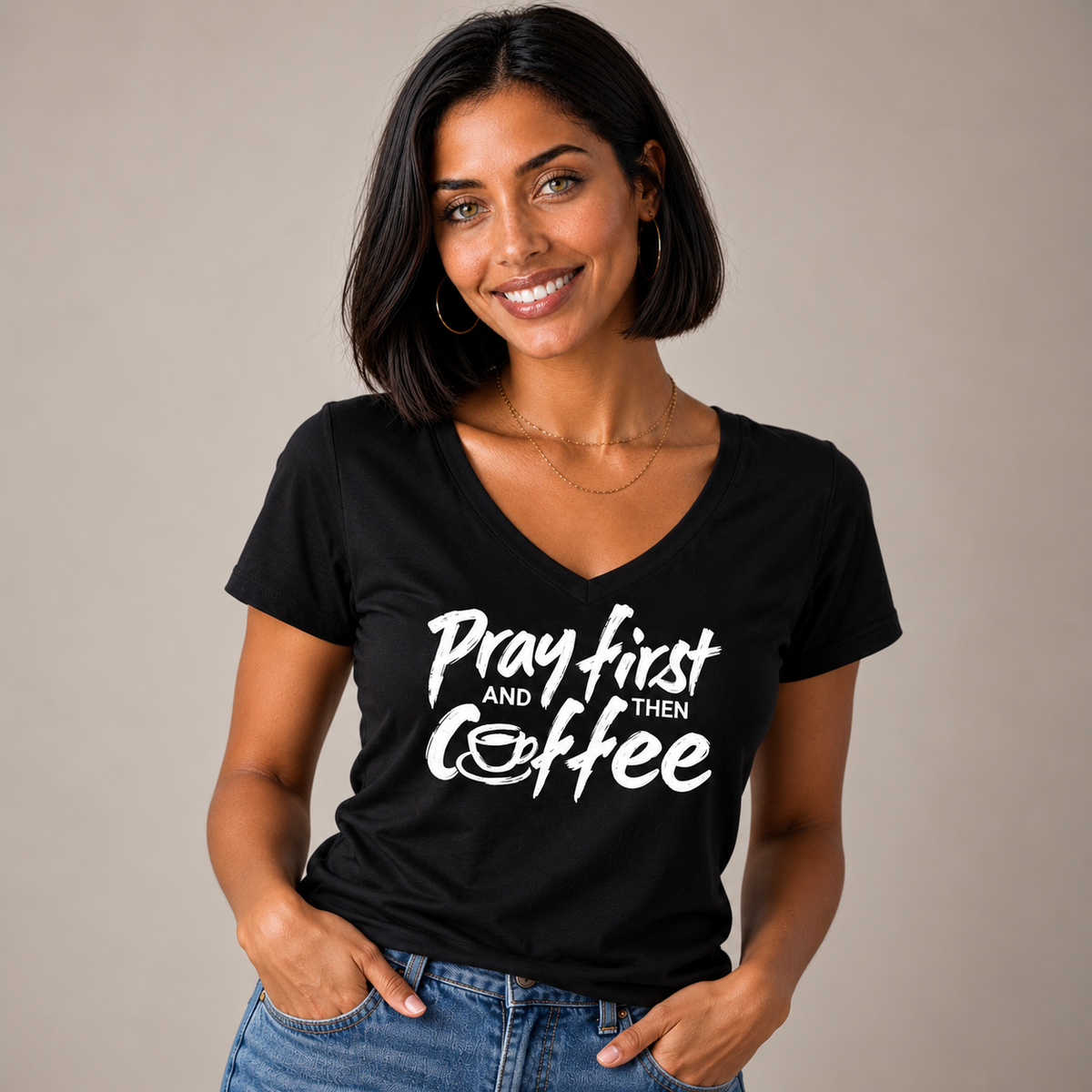 Pray First And Then Coffee  V-Neck T-Shirt