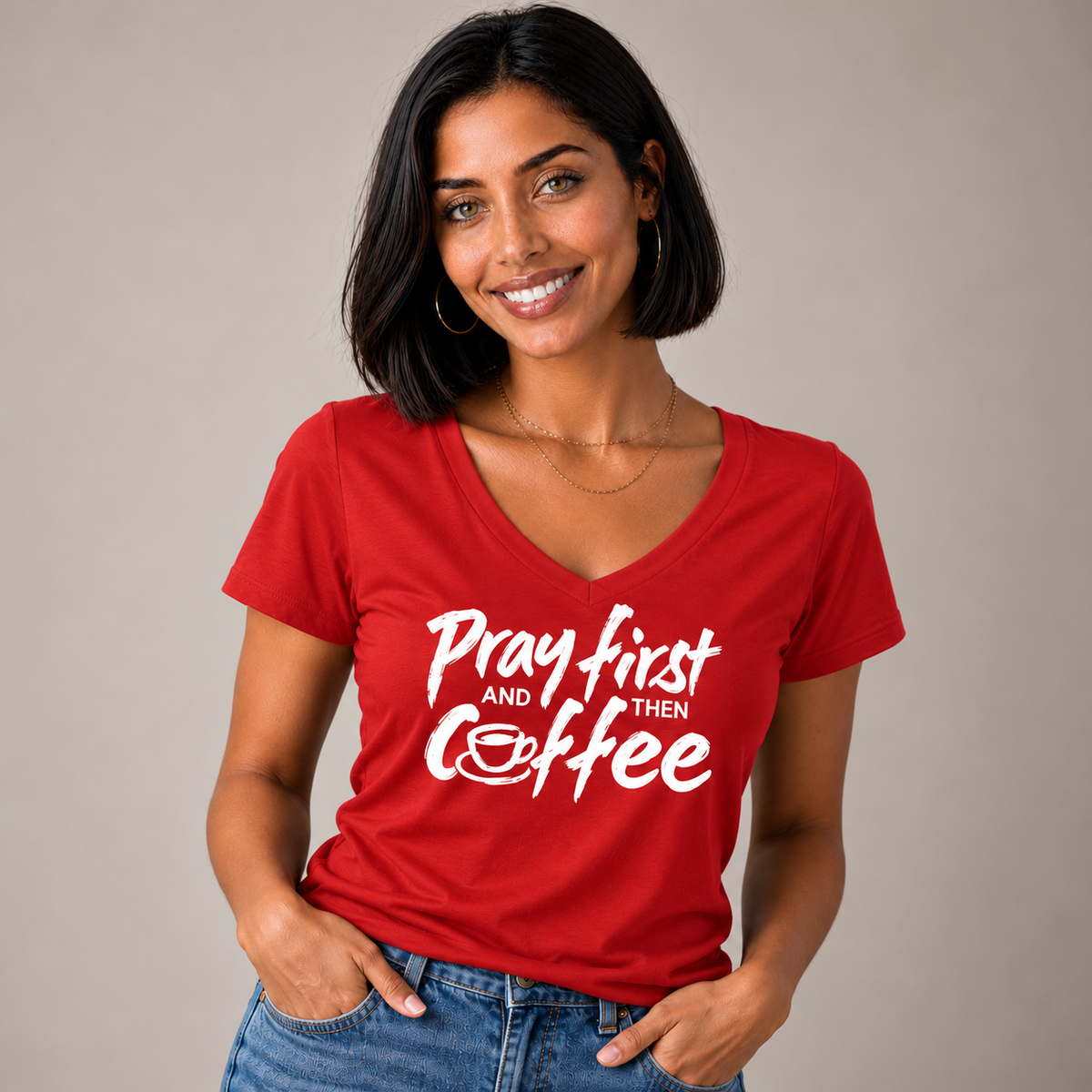Pray First And Then Coffee  V-Neck T-Shirt