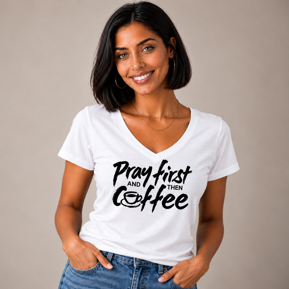 Pray First And Then Coffee  V-Neck T-Shirt