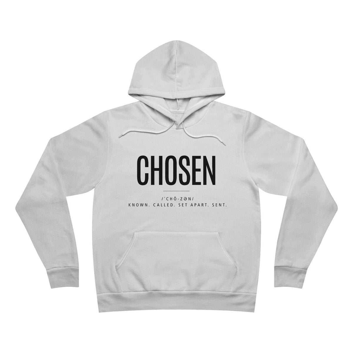 White CHOSEN Christian hoodie front view with minimalist faith design